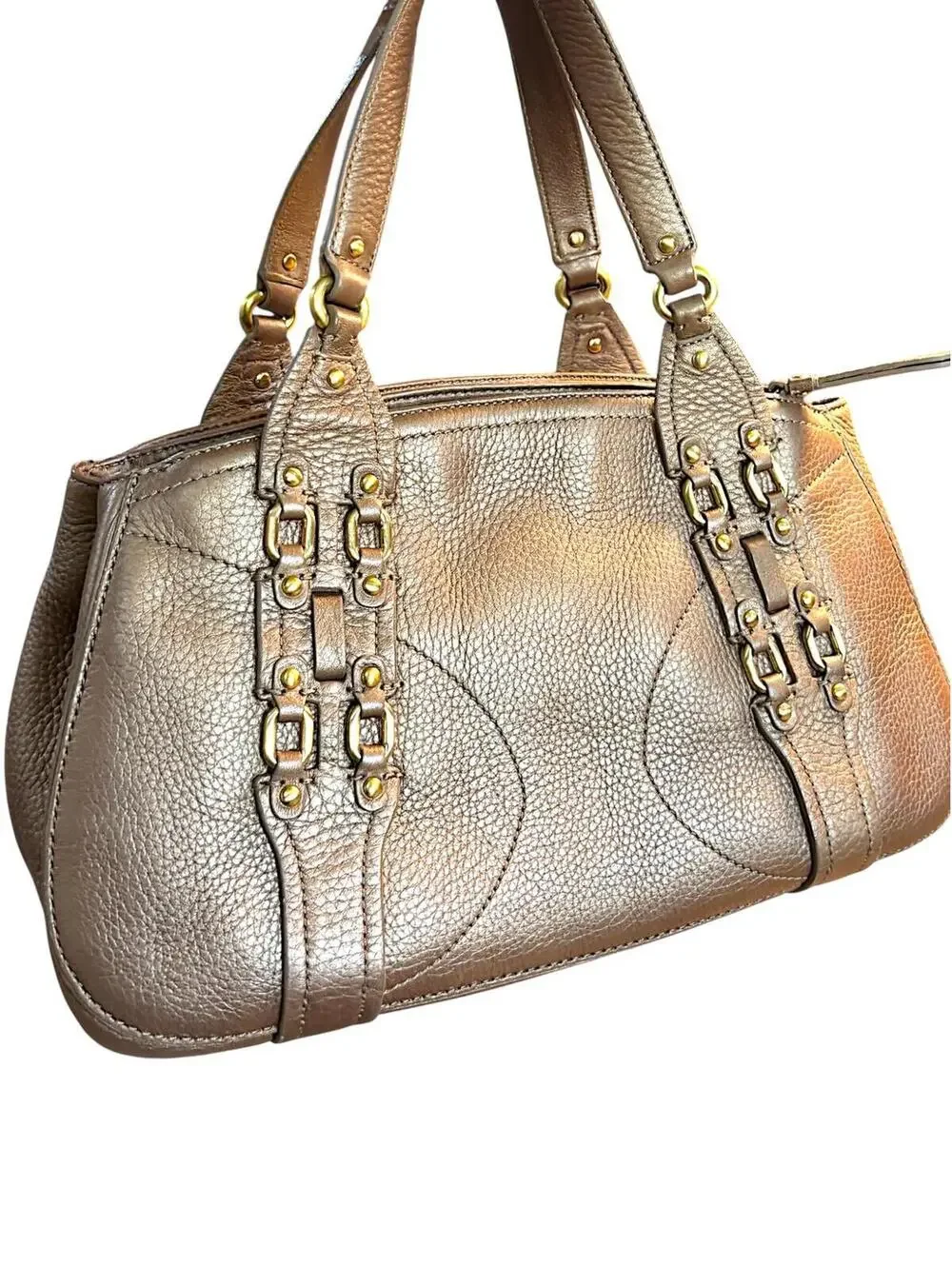 Cole Haan Metallic Bronze Leather Handbag with Gold Tone Hardware